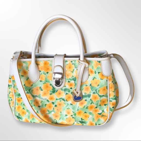 Dooney Bourke Petunia Floral Satchel Tote Bag White Leather Coated Canvas Purse - Picture 3 of 12